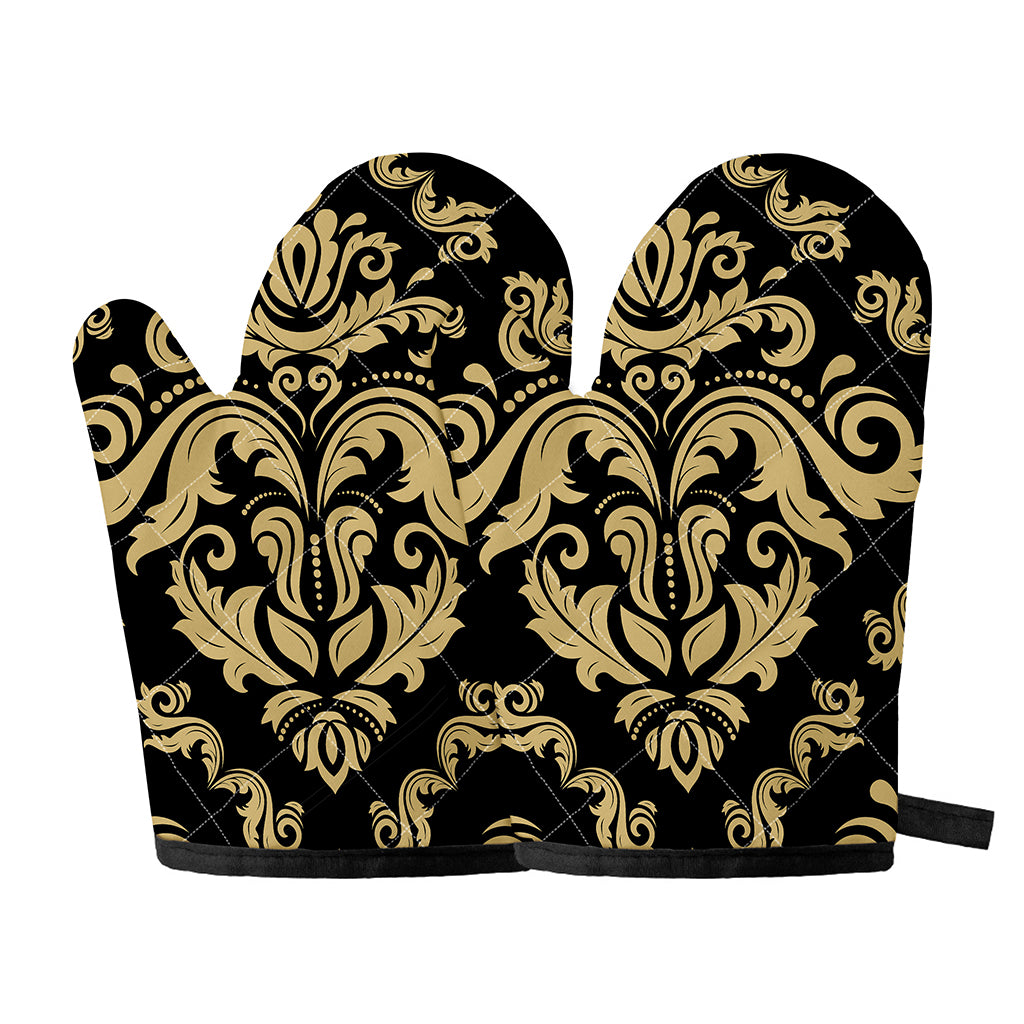 Black And Beige Damask Pattern Print Oven Mitts