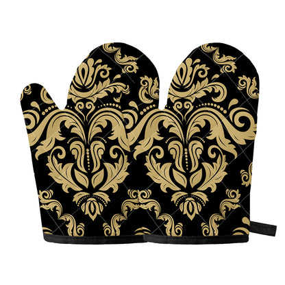 Black And Beige Damask Pattern Print Oven Mitts