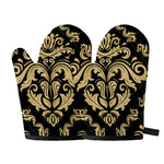 Black And Beige Damask Pattern Print Oven Mitts