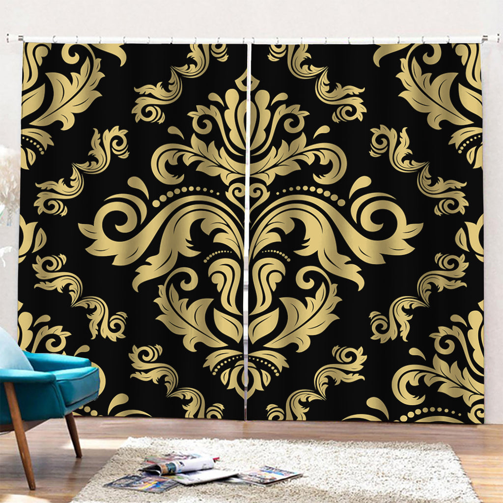 Black And Beige Damask Pattern Print Pencil Pleat Curtains