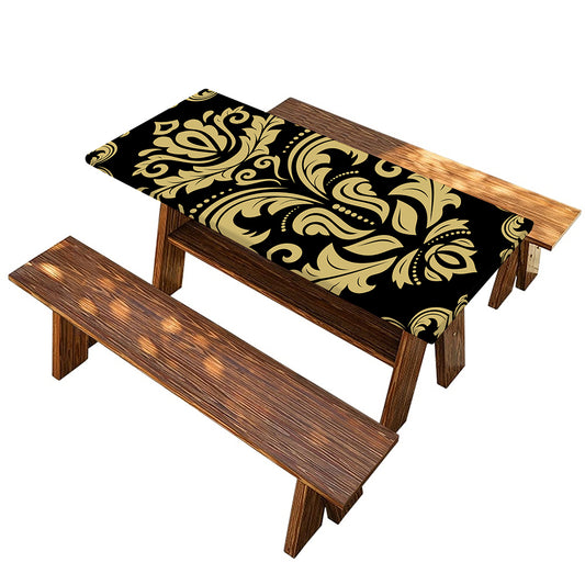 Black And Beige Damask Pattern Print Picnic Table Cover