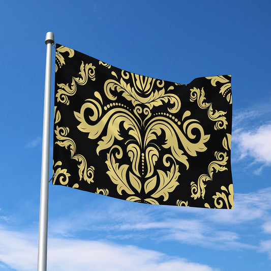 Black And Beige Damask Pattern Print Polyester Flag