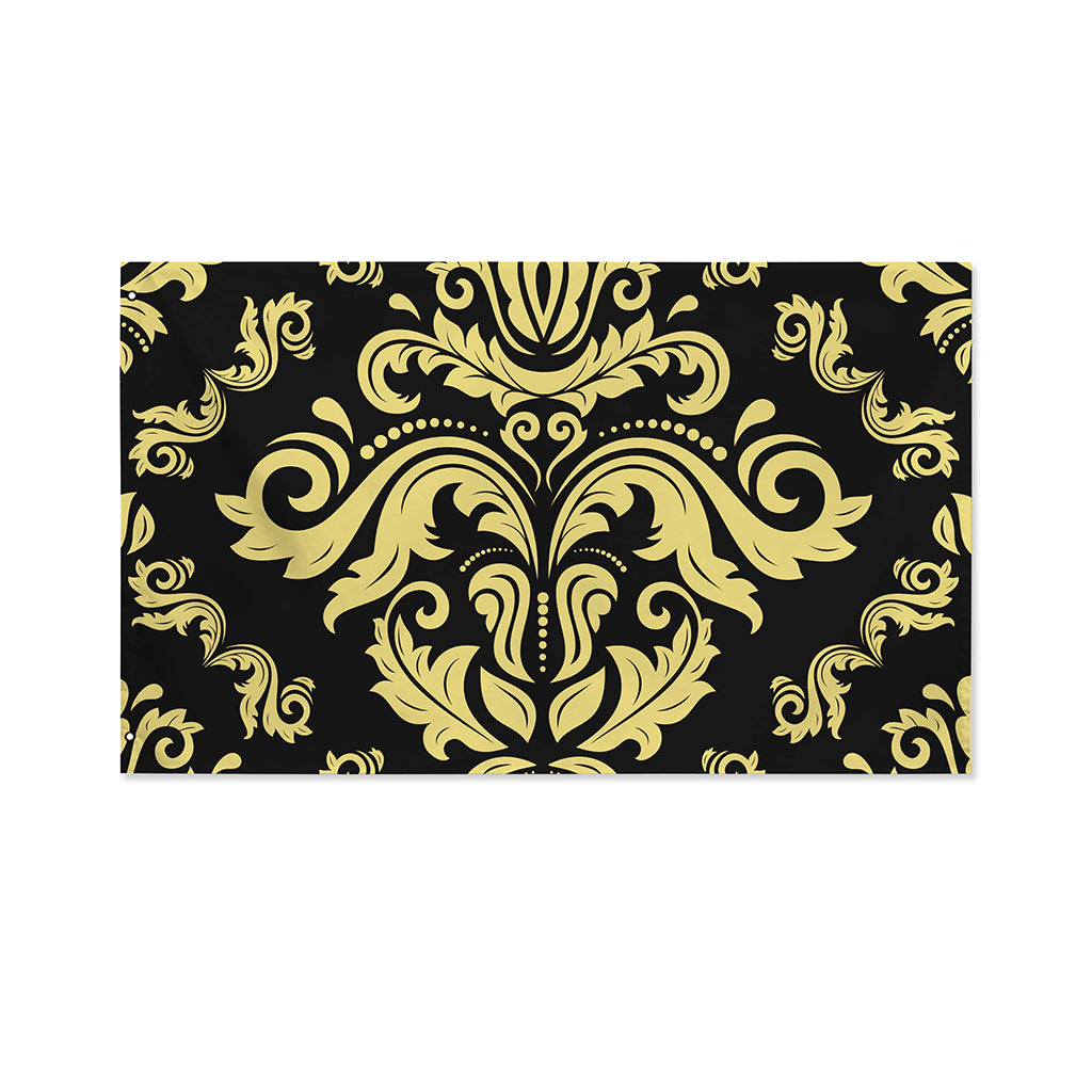 Black And Beige Damask Pattern Print Polyester Flag