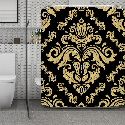 Black And Beige Damask Pattern Print Polyester Shower Curtain