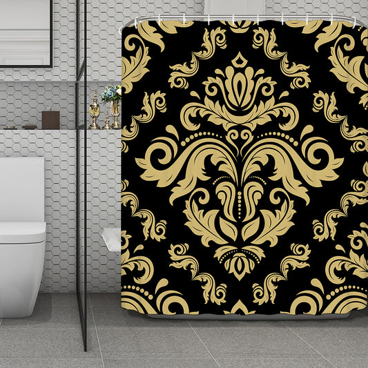 Black And Beige Damask Pattern Print Polyester Shower Curtain