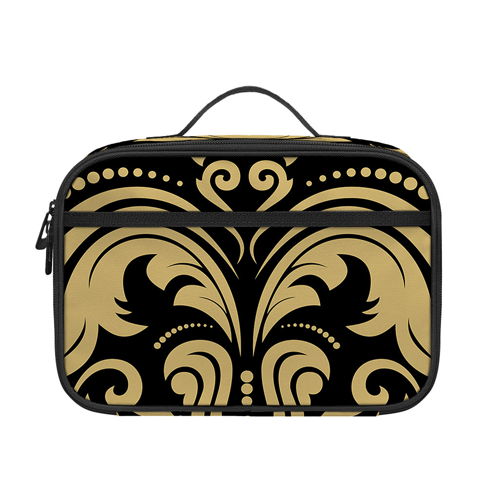Black And Beige Damask Pattern Print Portable Lunch Bag