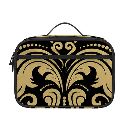 Black And Beige Damask Pattern Print Portable Lunch Bag