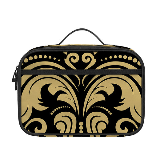 Black And Beige Damask Pattern Print Portable Lunch Bag