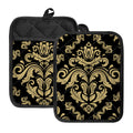 Black And Beige Damask Pattern Print Pot Holders With Pocket