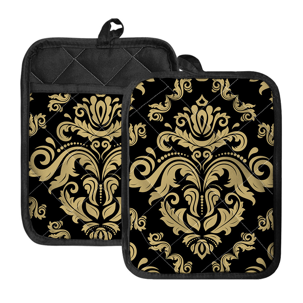 Black And Beige Damask Pattern Print Pot Holders With Pocket