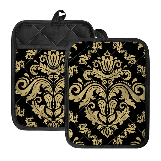 Black And Beige Damask Pattern Print Pot Holders With Pocket