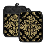 Black And Beige Damask Pattern Print Pot Holders With Pocket