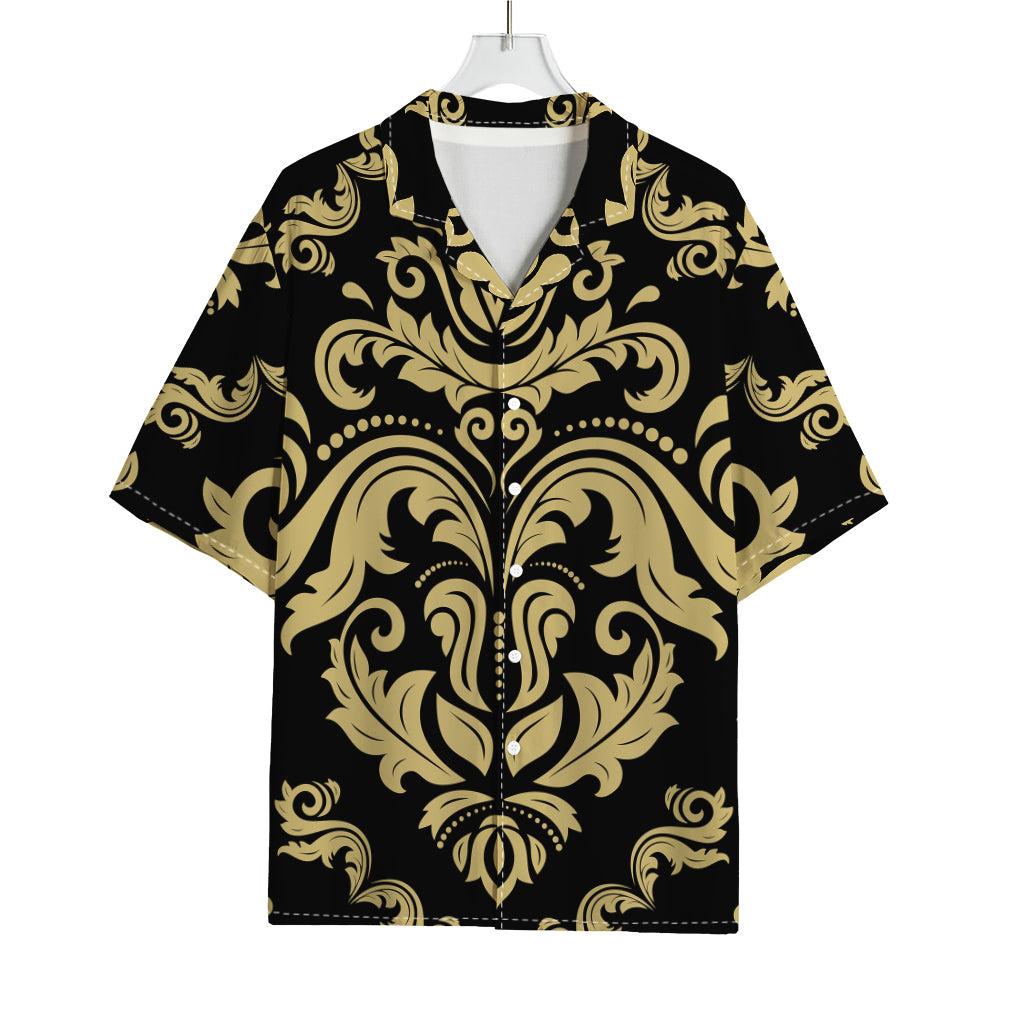Black And Beige Damask Pattern Print Rayon Hawaiian Shirt