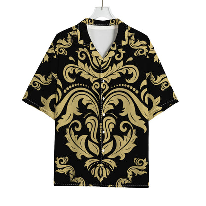 Black And Beige Damask Pattern Print Rayon Hawaiian Shirt