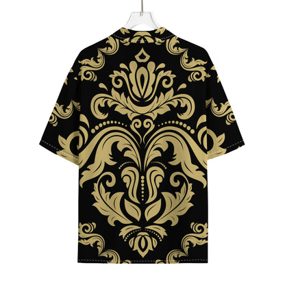 Black And Beige Damask Pattern Print Rayon Hawaiian Shirt