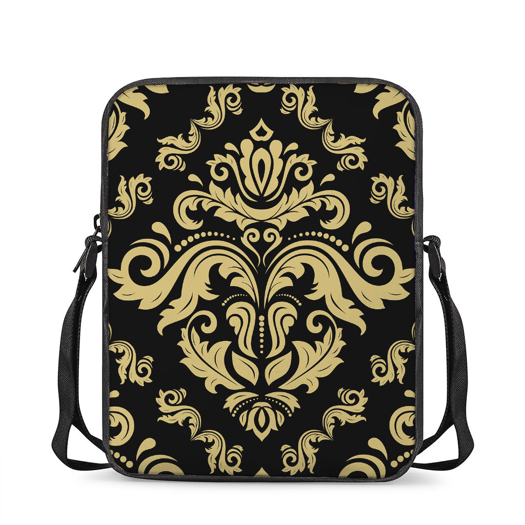 Black And Beige Damask Pattern Print Rectangular Crossbody Bag