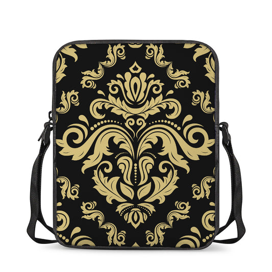 Black And Beige Damask Pattern Print Rectangular Crossbody Bag