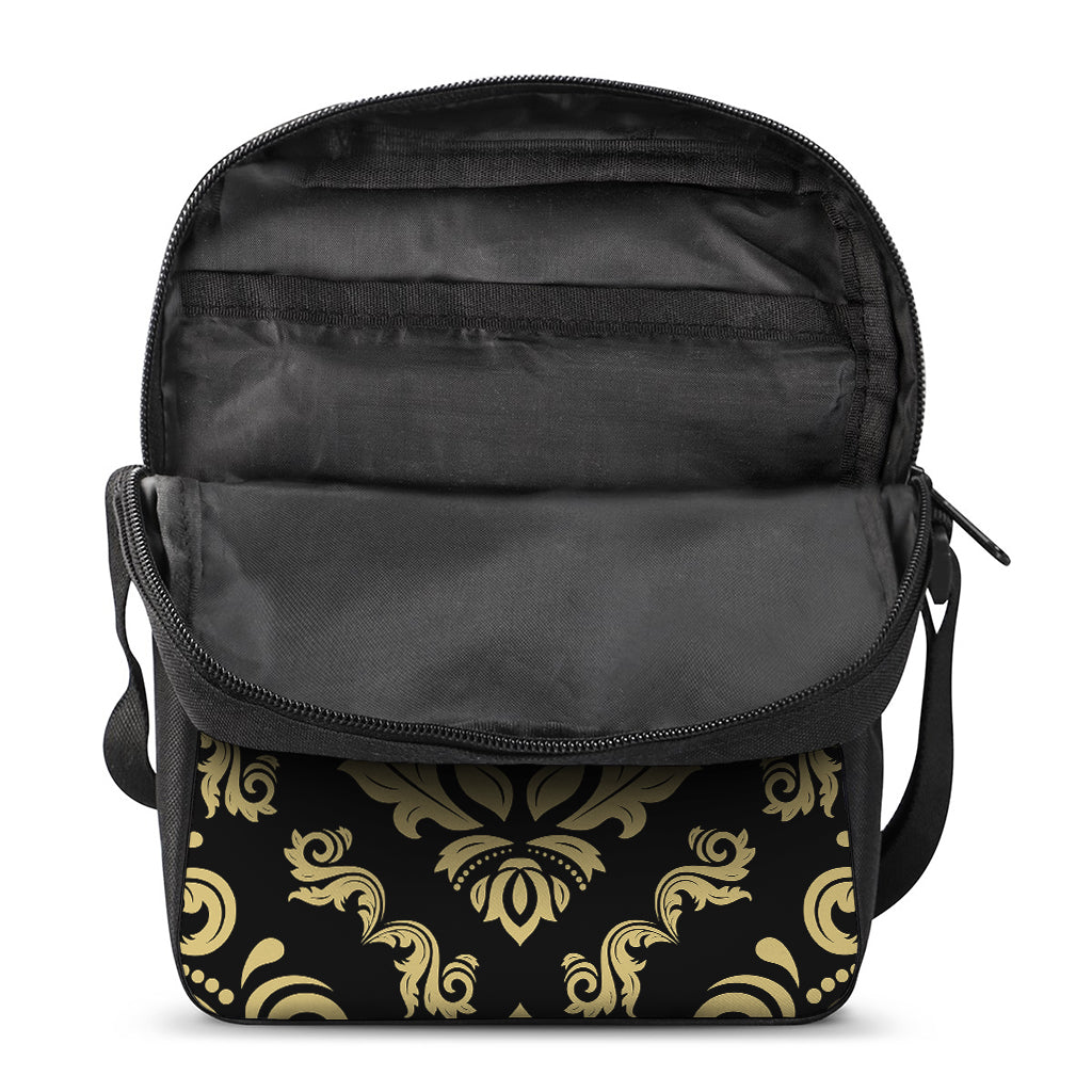 Black And Beige Damask Pattern Print Rectangular Crossbody Bag