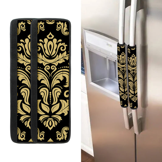 Black And Beige Damask Pattern Print Refrigerator Handle Covers