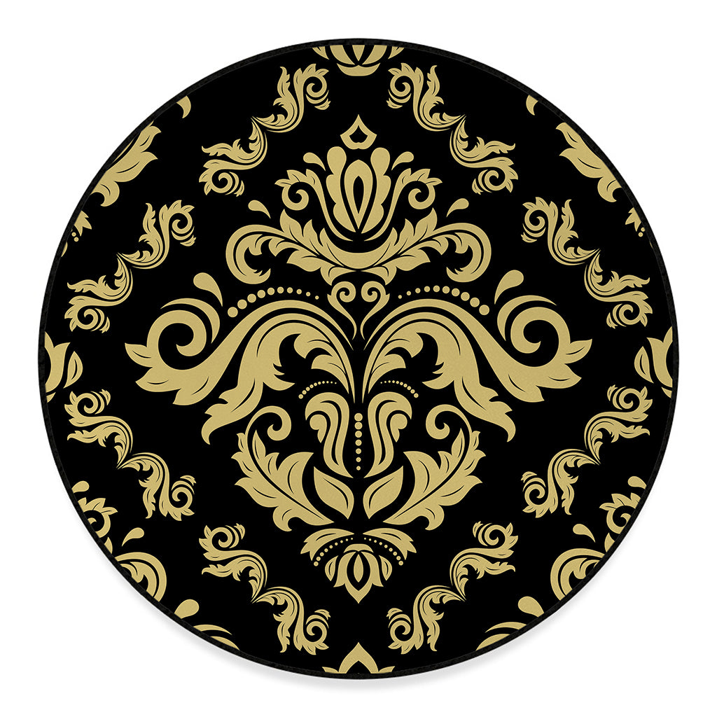 Black And Beige Damask Pattern Print Round Floor Mat