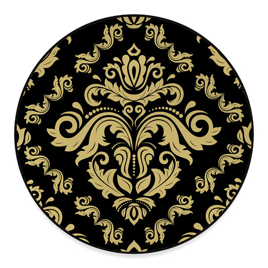 Black And Beige Damask Pattern Print Round Floor Mat