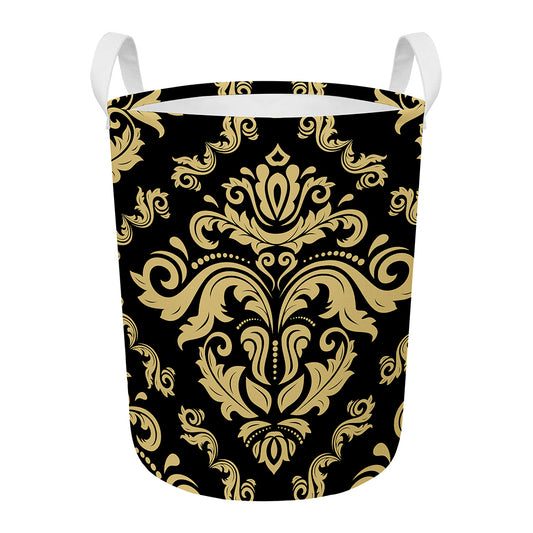 Black And Beige Damask Pattern Print Round Laundry Basket