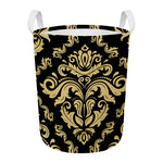 Black And Beige Damask Pattern Print Round Laundry Basket