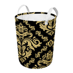 Black And Beige Damask Pattern Print Round Laundry Basket