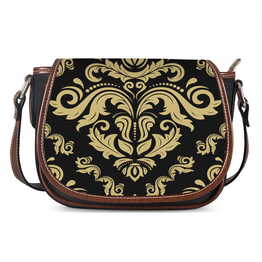 Black And Beige Damask Pattern Print Saddle Bag