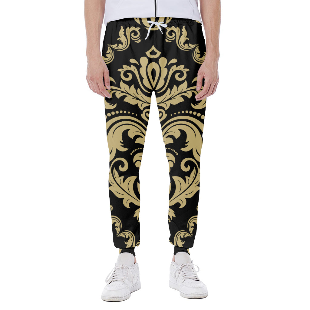 Black And Beige Damask Pattern Print Scuba Joggers