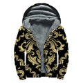 Black And Beige Damask Pattern Print Sherpa Lined Zip Up Hoodie