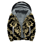 Black And Beige Damask Pattern Print Sherpa Lined Zip Up Hoodie