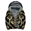 Black And Beige Damask Pattern Print Sherpa Lined Zip Up Hoodie