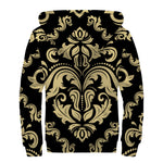 Black And Beige Damask Pattern Print Sherpa Lined Zip Up Hoodie