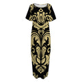 Black And Beige Damask Pattern Print Short Sleeve Long Nightdress
