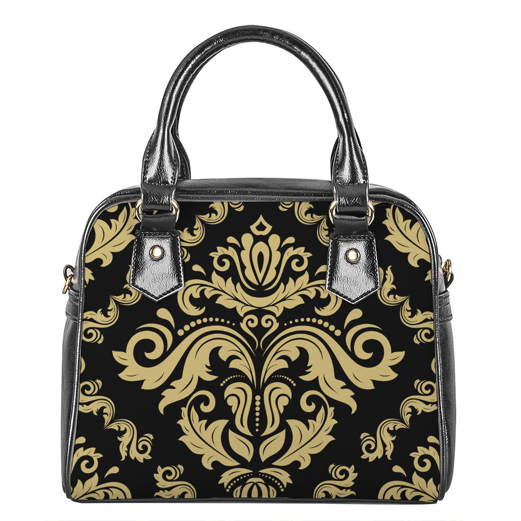 Black And Beige Damask Pattern Print Shoulder Handbag