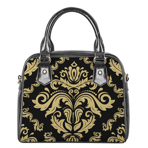 Black And Beige Damask Pattern Print Shoulder Handbag