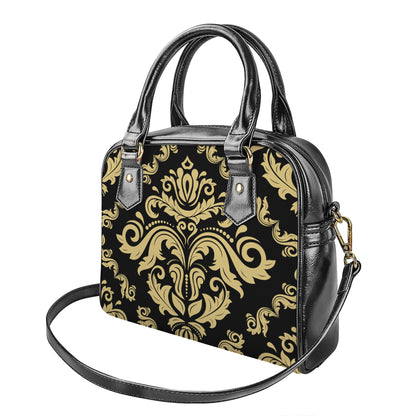 Black And Beige Damask Pattern Print Shoulder Handbag