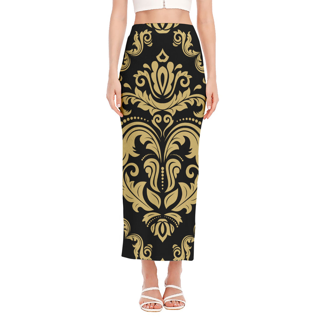 Black And Beige Damask Pattern Print Side Slit Maxi Skirt