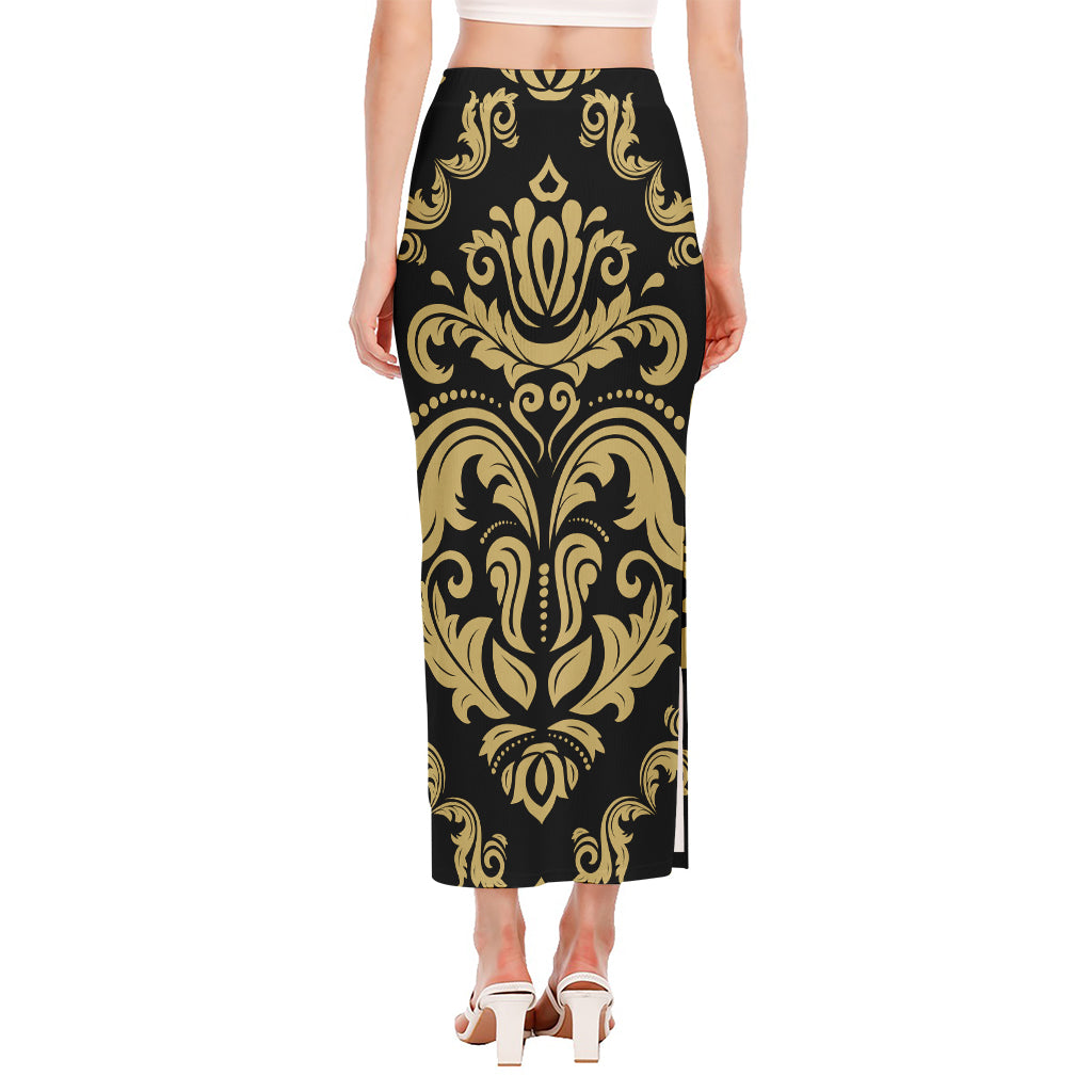 Black And Beige Damask Pattern Print Side Slit Maxi Skirt