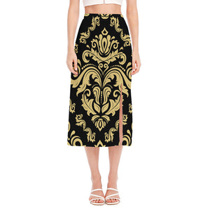 Black And Beige Damask Pattern Print Side Slit Midi Skirt