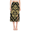 Black And Beige Damask Pattern Print Side Slit Midi Skirt