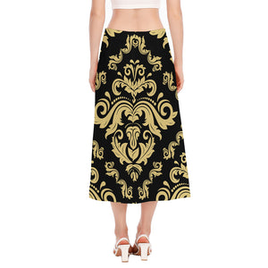 Black And Beige Damask Pattern Print Side Slit Midi Skirt