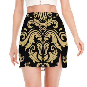 Black And Beige Damask Pattern Print Side Slit Mini Skirt