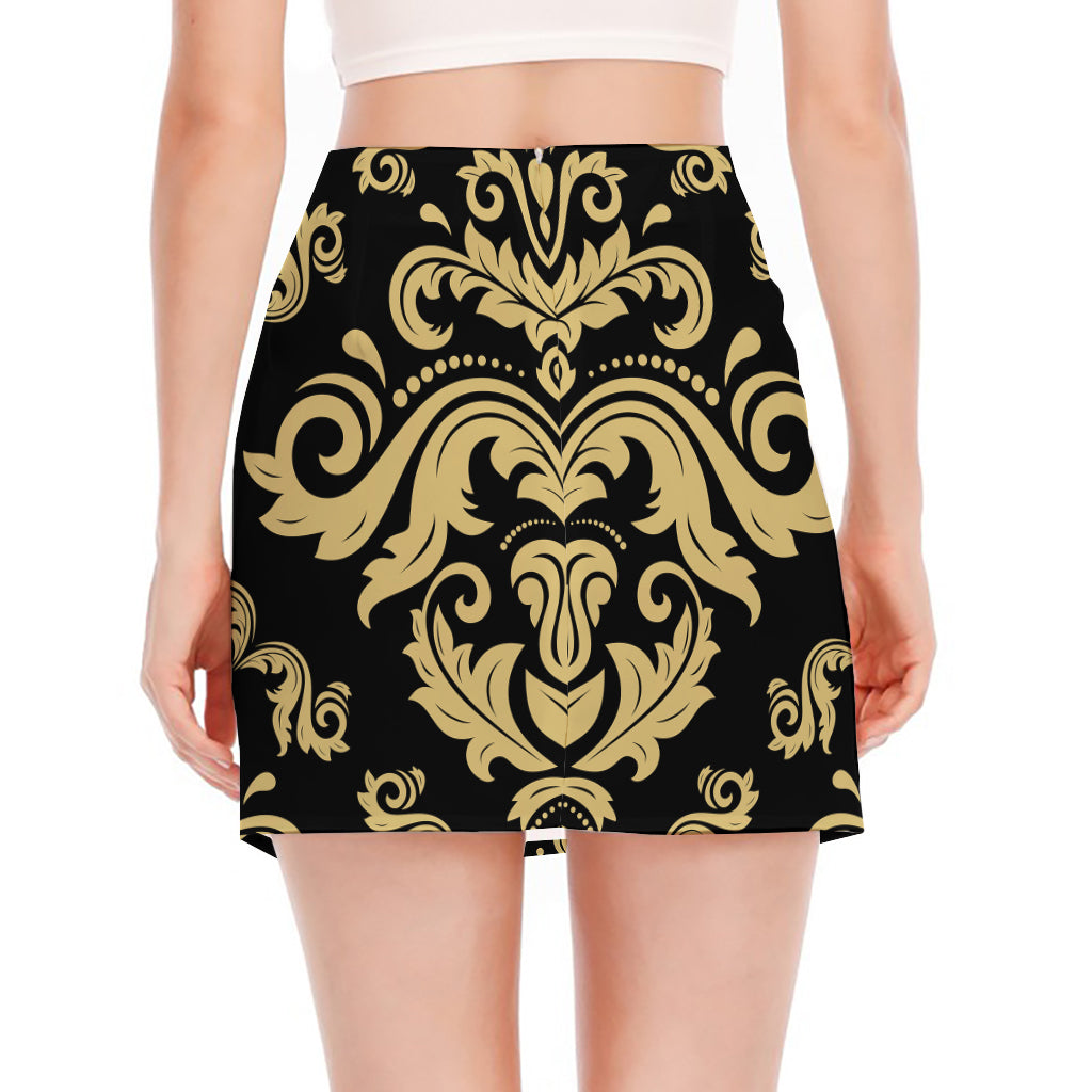 Black And Beige Damask Pattern Print Side Slit Mini Skirt