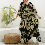 Black And Beige Damask Pattern Print Silk V-Neck Kaftan Dress