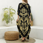 Black And Beige Damask Pattern Print Silk V-Neck Kaftan Dress