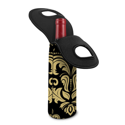 Black And Beige Damask Pattern Print Single Neoprene Wine Tote