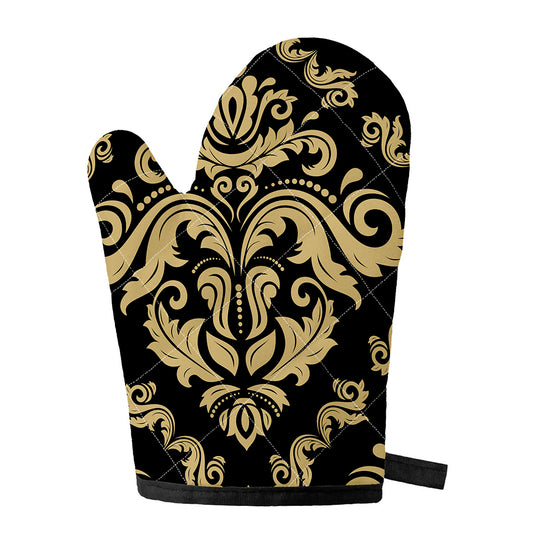 Black And Beige Damask Pattern Print Single Oven Mitt