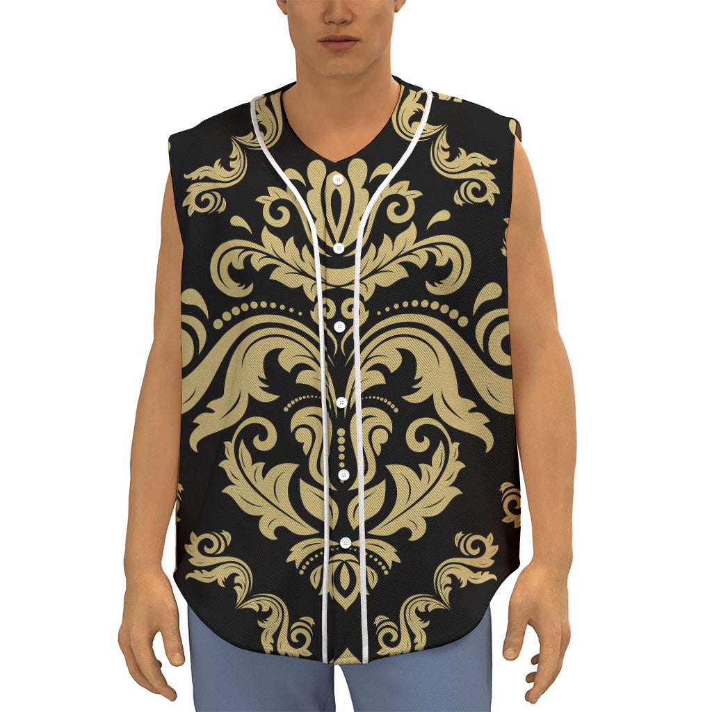 Black And Beige Damask Pattern Print Sleeveless Baseball Jersey
